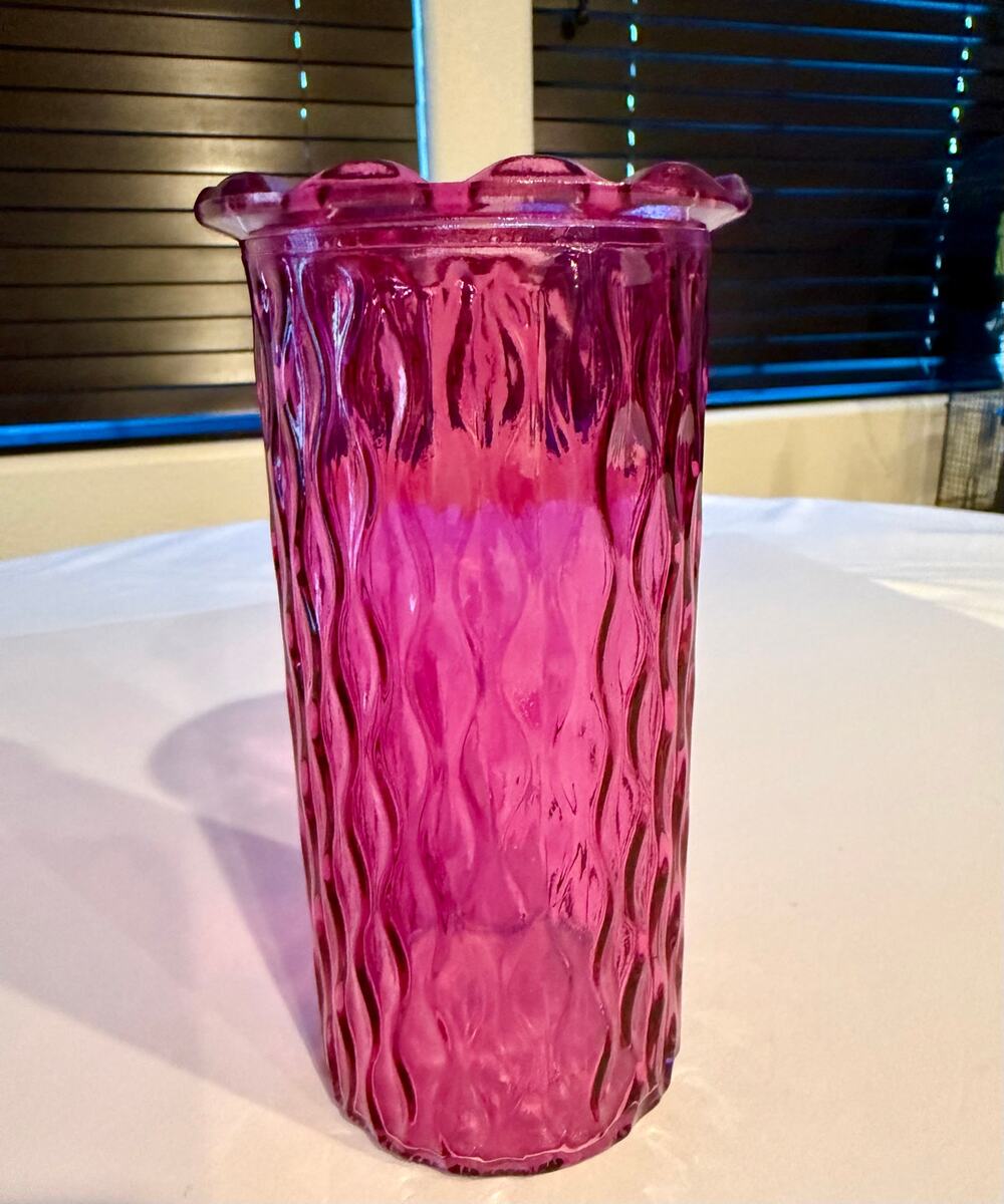 Pink Glass Cylinder Vase Rippled Wave Crinkle Texture 7.5" Fluted Rim